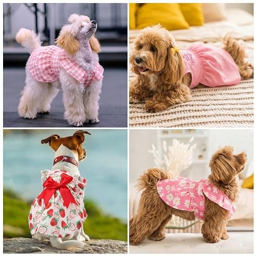 Abbylike 5 Pcs Dog Dress Floral Daisy Plaid Bowknot Dog Clothes Cute Summer Puppy Dresses Outfits Soft Apparel for Pets Cats Female (Pink Sweet,Small) thumbnail 6