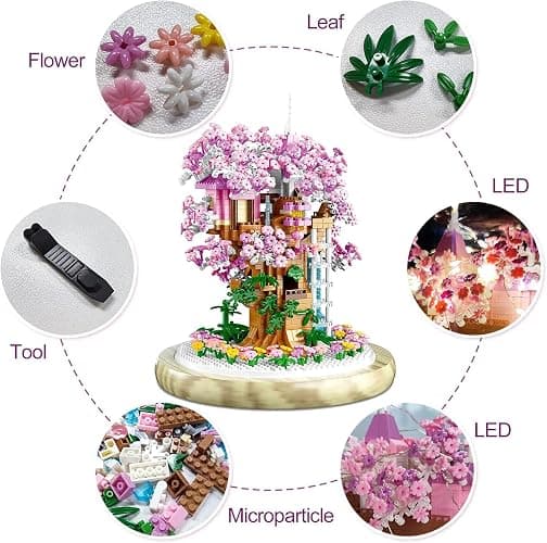DIY Flower Building Toy Sets Miniature Cherry Blossom Tree House Building Kit, Purple & Yellow Sakura Flowers, Building Blocks Set for Adults & Girls - Bonsai Tree Model with Dust Cover (Pink) thumbnail 6