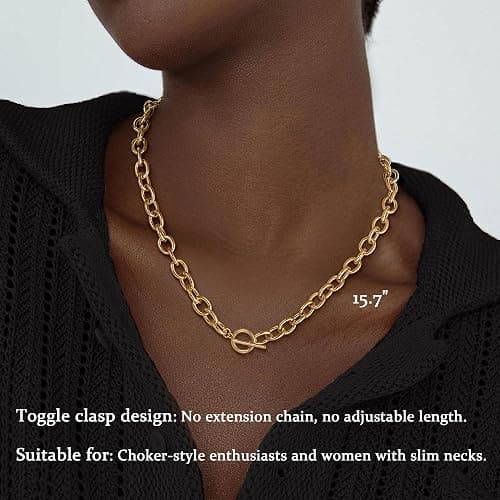 CHESKY 14K Gold Plated Chunky Necklace for Women, Trendy Paperclip Chain Necklace Thick Cross Heart Pendant Necklace Layered Herringbone Cuban Link Chain Toggle Necklaces Non Tarnish Jewelry thumbnail 2