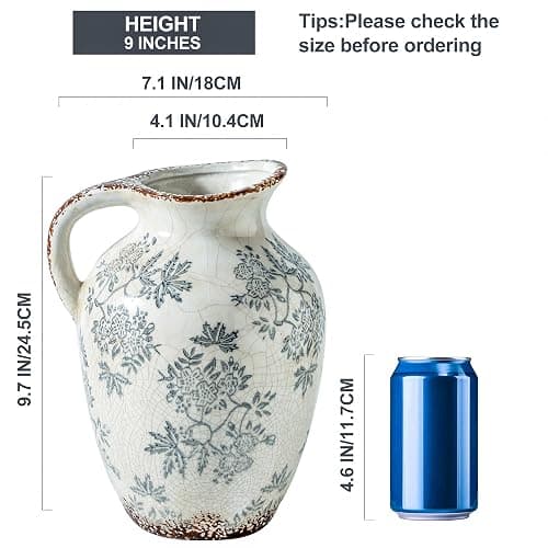 Enra Vintage vase with Handle,Blue and White Ceramic Decorative Flower vase, Chinoiserie Floral Vase,Large Rustic Vases for Home Decors, Living Room, Bookshelf, Office，9.7 inch thumbnail 2