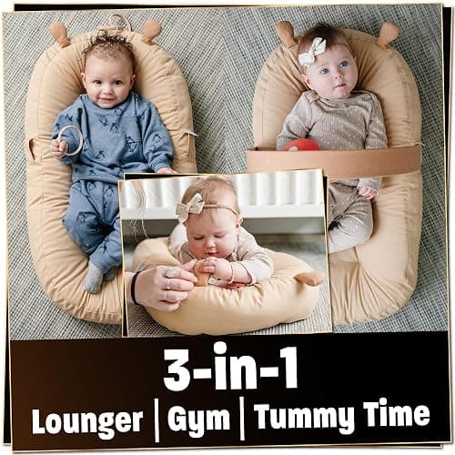 SplashEZ Baby Lounger Pillow for Newborn, Baby Nest & Infant Play Gym, 100% Organic Cotton, Breathable, Lightweight & Portable 3D Mesh Pillow for Awake Time Only (Toys NOT Included), Camel thumbnail 3