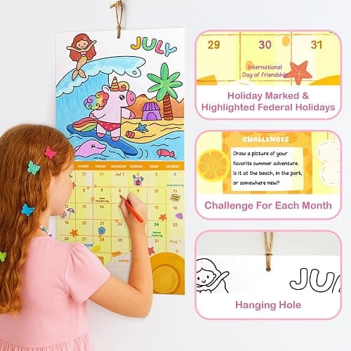 Kids Calendar 2025-2026 with 200+ Cute Stickers - Unicorn Coloring Calendar for Kids - 15 Month Wall Calendar with Fun Illustrated Pages to Color - Extra Pages & Activities for Home, Classroom & Learning thumbnail 8