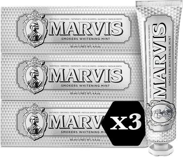 Marvis Dentifrice Blanchissant Menthe pour Fumeurs, 3 x 85 ml | Anti-plaque et anti-caries, Contre taches de thé/café/tabac, Texture crémeuse, Fraîcheur longue durée, Fabrication italienne - Image 1