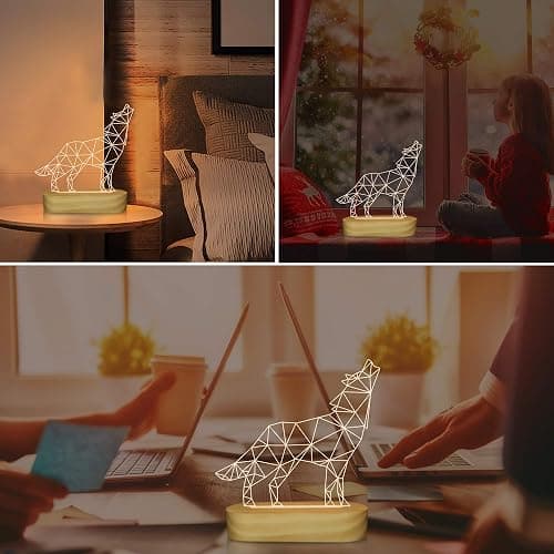 Wolves Gifts,3D Optical Illusion Wolf Lamp Animal LED Night Light for Kids Boys Men Bedroom Decoration,USB Power Warm White Color Table Lamps,Yellow thumbnail 2