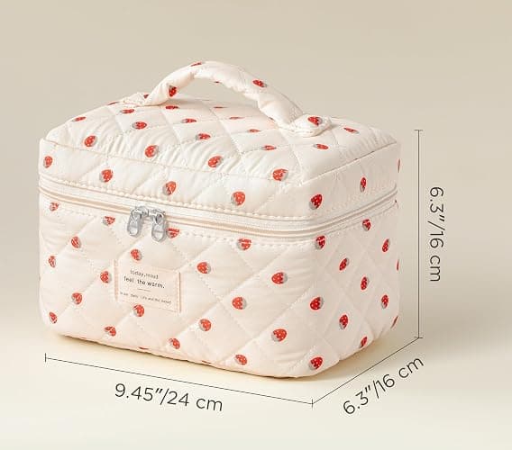 HBselect Large Quilted Makeup Bag for Women Cute Cotton Travel Cosmetic Bag | Floral Coquette Aesthetic Toiletry Organizer Bag with Handle, Portable Multifunctional Makeup Bag, Gifts for Bridesmaids thumbnail 5