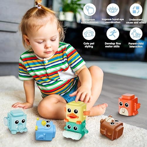 BASUN Stacking Toys Set for Toddlers 18+ Months, 6 in 1 Infant Sensory Toys with Changing Expressions, Pressable Animal Stacking Blocks, Christmas Birthday Gifts for 1 2 3 4 Years Old Baby Boys Girls thumbnail 6