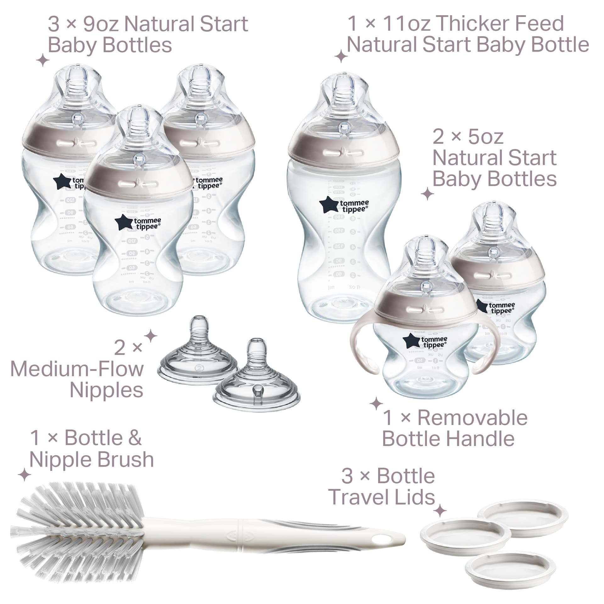 Tommee Tippee Set de Biberones Natural Start, Tetina Tipo Pecho, 0m+ | 12 Piezas, 2x150ml, 3x260ml, 1x340ml, Tetinas Flujo Lento, Medio y Espeso, Cepillo de Limpieza, Mamila Libre de BPA - Image 1