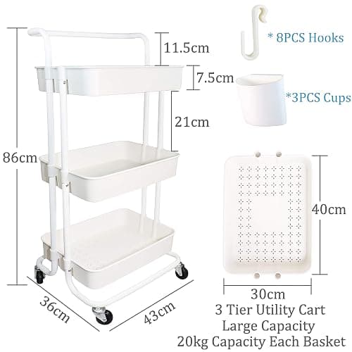 Piowio 3 Tier Utility Rolling Cart Multifunction Organizer Shelf Storage Cart with 3 Pieces Cups and 8 Pieces Hooks for Home Kitchen Bathroom Laundry Room Office Store etc. (White) thumbnail 3