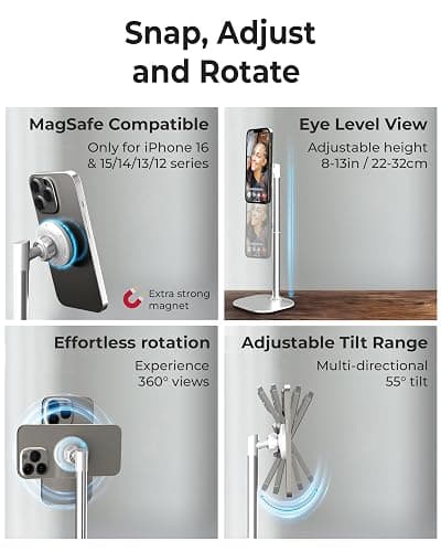 COOPER MagStand, Adjustable Magnetic iPhone Stand for Desk & Phone Holder for Video Recording, Compatible with MagSafe, Stand for iPhone 17 Pro Max, 16/15/14/13/12, Small Mag Safe Tripod (White) thumbnail 3