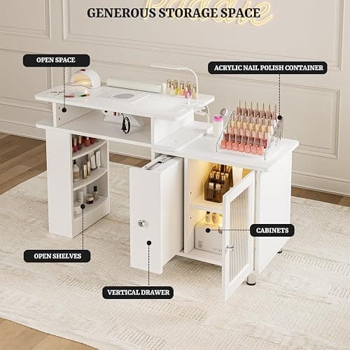 Paddie Manicure Table Nail Desk with LED Lamp & Light, Glass Cabinet Door Nail Table Station w/Dust Collector, Charging Station, Removable Acrylic Container, Cabinet and Drawer(White-New) thumbnail 9