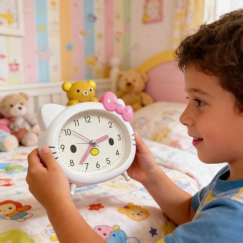 Fuxizest Cute Cat Alarm Clock, Kawaii Alarm Clock，Cartoon Cat Clock，Cute Clock，White with Pink Bow, Yellow Bear Topper, Kids Room Decor (White with Little Bear) thumbnail 4