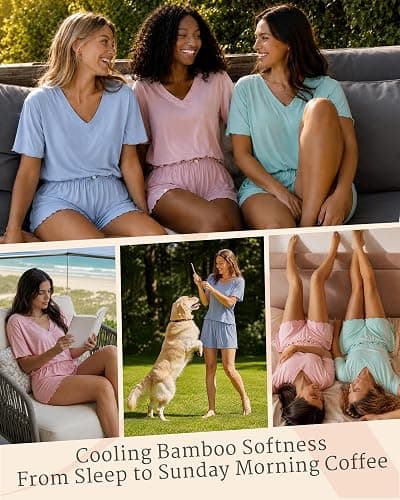 Kylollx Women's Bamboo Pajama Set Rose Applique Ruffled Cooling Sleepwear | Cute rose applique pajamas with ultra-soft bamboo viscose, 4-way stretch and breathable comfort for sleep and lounging thumbnail 6
