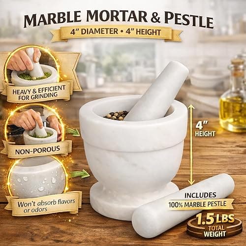 Creative Home Handcrafted 4 inch Mortar and Pestle Solid Marble Grinder for Spices and Herbs Artisan Carved from Yushan Marble Elegant and Durable for Everyday Cooking, 4 Diam. x 4 H Inch thumbnail 2