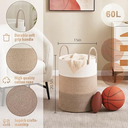 Artfeel Laundry Basket,Woven Cotton Rope Laundry Hamper,60L for Decorative Storage of Dirty Clothes,Toys and Blankets in Bathroom,Bedroom and Living Room thumbnail 6