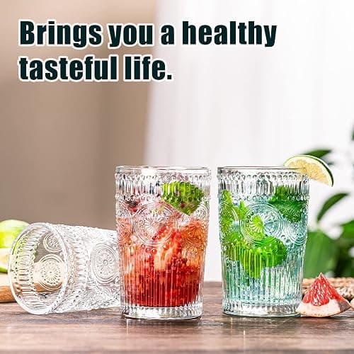 wookgreat Vintage Drinking Glasses Set of 12, Textured Clear Striped Glass Cups-6 Highball Glasses 13oz & 6 Rocks Glasses 10oz, Ribbed Glassware Set, Mojito Cups, Cocktail Glass, Iced Coffee Cup thumbnail 4