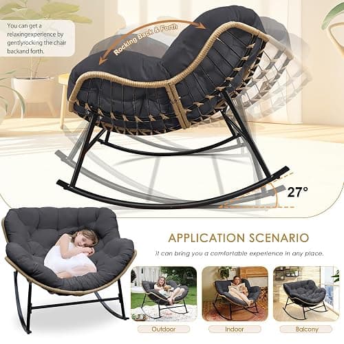 NICESOUL Rocking Papasan Chair Indoor Outdoor, Cushioned Patio Rattan Rocker, Oversized Large Egg Royal Rocking Chairs, 450lbs Sturdy Comfy Lounge Glider for Outside, Balcony, Porch, Xmas Gift, Grey thumbnail 5