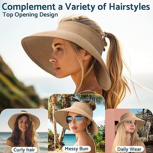 NPJY Sun Hats for Women Wide Brim Roll-Up Beach Ponytail Hat Packable Foldable Travel Straw Visor thumbnail 4
