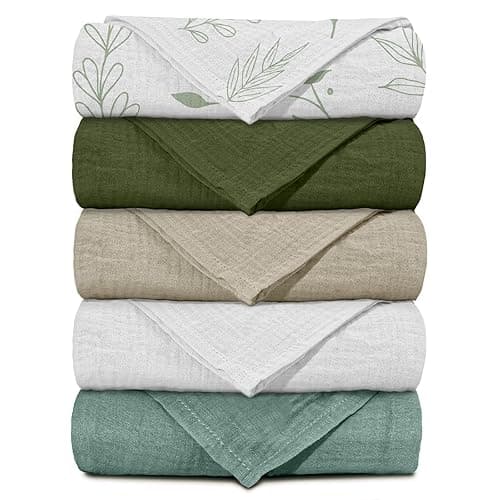 Muslin Receiving Blankets, Neutral Blanket Swaddling for Newborn Boys and Girls, 5 Pack Breathable and Skin-Friendly Swaddle Wrap for Infant Baby (Bright Leaves) - Bright Leaves