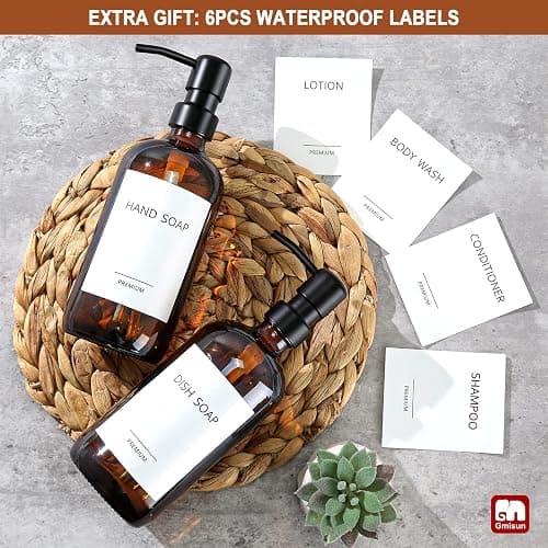 GMISUN Amber Glass Soap Dispenser, 2 Pack Bathroom Hand Soap Dispensers with Stainless Steel Pump, 17 Fl Oz Kitchen Hand and Dish Soap Dispenser Set, Modern Vintage Liquid Brown Soap Dispensers Bottle thumbnail 8