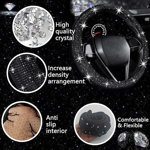 NBTEPEM 27 PCs Black Bling Car Accessories Set for Women, Steering Wheel Covers Universal Fit 15 Inch, Bling License Plate Frame, Bling Phone Holder, Bling Car Coasters (Black Diamond) thumbnail 3