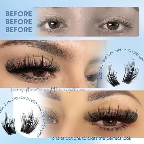 CORUSCATE Lash Clusters with Spikes Bottom Lashes 160D+260D Cluster Eyelash Extensions 3D Volume Individual Lashes Wispy 12-22mm Long Cluster Lash Mega Dramatic Full Look Strip Lash Extension thumbnail 5