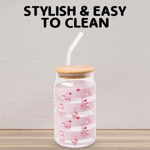 Silver Buffalo Sanrio Hello Kitty Strawberry Milk Pink Glass Jar Tumbler with Bamboo Lid and Glass Straw, 16 Ounces thumbnail 6
