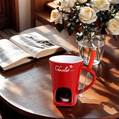 CREHNIL Chocolate Melting Mug Cheese Candy Mini Fondue Pot With Forks (Red) thumbnail 5