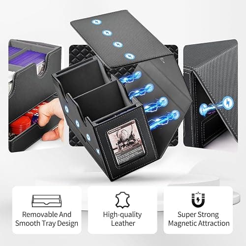 UAONO Card Deck Box for MTG, Double Storage Box with 2 Commander Display & 1 Dice Tray, Fits 200+ Double Sleeved, Organizer for CCG TCG Sports(Black Gray) thumbnail 5