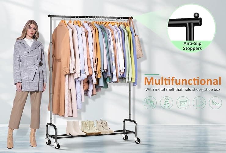SLEEPING LAMB Heavy Duty Clothing Racks for Hanging Clothes Rack, 43" Wide Rolling Garment Rack Metal Clothing Hanger Rack with Wheels Wardrobe Rack for Coats, Shirts, Dress, (Black) - Black - Single Rod thumbnail 6