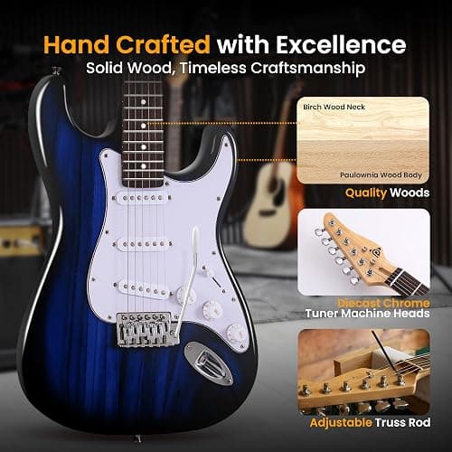 Pyle Electric Guitar and Amp Kit - Full Size 39" Complete Starter Kit with Wearable Bluetooth Amplifier, 1/4” Cable, Carry Case, Strap, Strings, Picks, Cleaning Cloth, ST-Style Pickups (Blue Burst) thumbnail 6