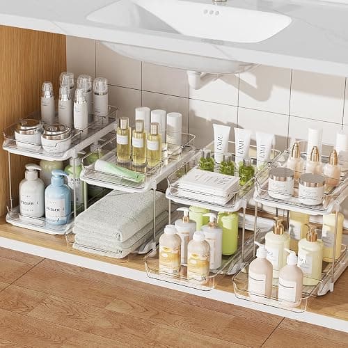 Delamu 4 Pack 2-Tier Bathroom Under Sink Organizers and Storage, Multi-Purpose Stackable Pantry Organization and Storage, Pull Out Clear Kitchen Bathroom Cabinet Organizer with Movable Dividers, White - Image 1