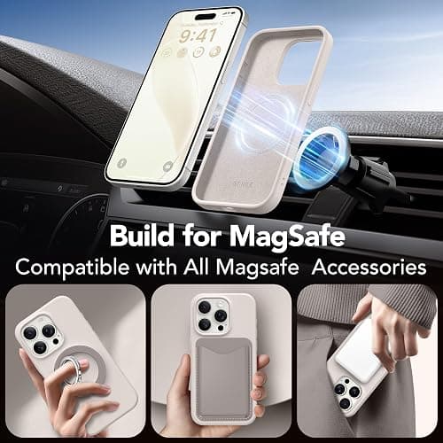 GONEZ Magnetic for iPhone 15 Pro Case, Compatible with MagSafe, [Screen Protector + Camera Lens Protector], Silicone Shockproof Anti-Scratch Protective Phone Case 6.1 inch, Stone thumbnail 4