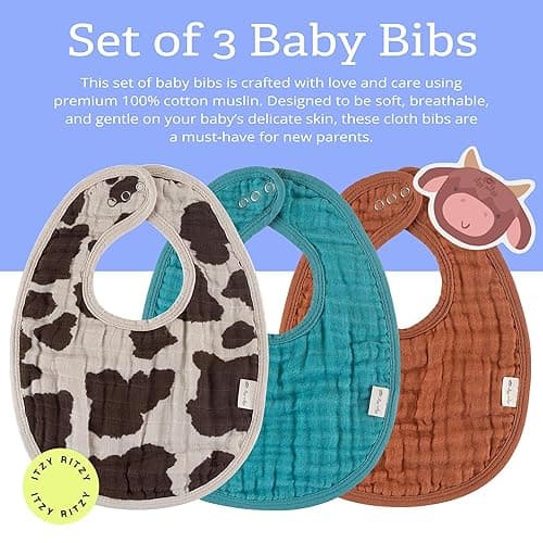 Itzy Ritzy Set of 3 Baby Bibs - Ultra-Soft Adjustable Infant & Toddler Bibs Made of Triple-Layer Cotton Muslin, Ideal for Drooling, Teething, & Eating - 3 Stylish, Coordinating Prints (Cow Print) - Cow Print thumbnail 3