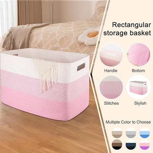 OIAHOMY 108L Super Large Blanket Basket For Living Room, 25”x16”x16” Rectangle Woven Baskets For Storage, Toy Storage with Handle - Pink&White thumbnail 4