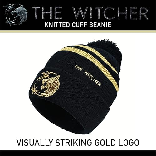 Concept One Unisex-Adult Netflix The Witcher Acrylic Knitted Cuff Beanie Hat with Gold Logo and Pom thumbnail 3