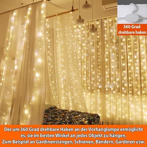 HXWEIYE 300LED Lichtervorhang Warmweiß, 3mx3m Lichterkettenvorhang USB 8 Modi LED Lichterkette mit 12 Haken Fernbedienung Timer verstellbare Helligkeit für Weihnachten Party Innen und außen Deko thumbnail 2