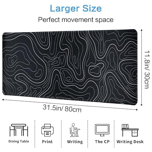 Gaming Mouse Pad Large 31.5 x 11.8in Topographic Keyboard Mousepad for Non-Slip Base and Stitched Edge, Extended Desk Pad XL Desk Mat (Black) thumbnail 6