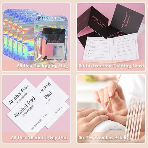 50 Set Press On Nail Tool Prep Kit for Salon Business, Disposable Manicure Kit with Nail File, Buffer, Glue, Prep Pad, Instruction Card, Adhesive Tabs, Wood Stick, Holographic Bag thumbnail 5