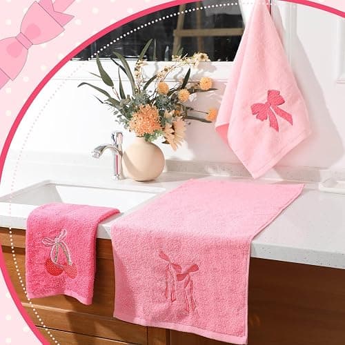 FuWeave 3 Pcs Pink Hand Towels for Bathroom Coquette Bow Embroidered Decorative Towel 100% Cotton Soft Absorbent Kitchen Facecloth Preppy Bathroom Decor Bridal Shower Wedding Gift 13.7 x 29.5'' thumbnail 2