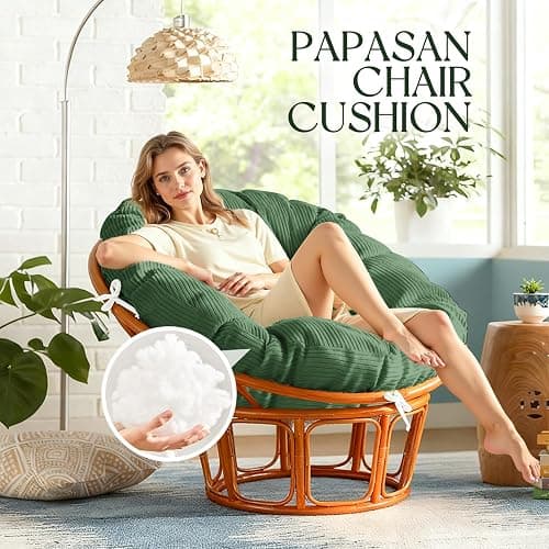 Tycdiose Indoor Papasan Chair Cushion with Corduroy Cover (Without Chair), Papasan Cushion with Hidden Zipper & Straps, 48 x 48 x7.8 Inch Round Papasan Supportive Cushion, Green thumbnail 3