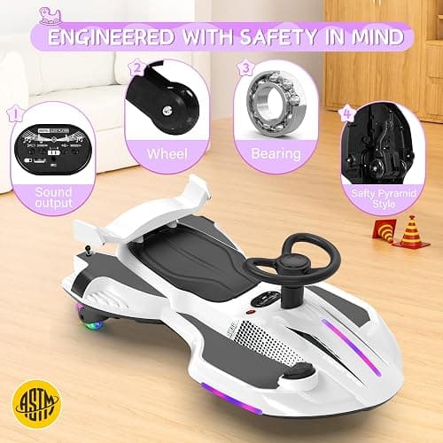 12V Electric Wiggle Car with Pedal for Kids, Rechargeable 2 in 1 Swing Car, Drifting Ride On Toys with Backrest, Anti-Rollover, Spray, Flashing Light, Music, for Ages 3 and Up, 150 Lbs (White) thumbnail 7