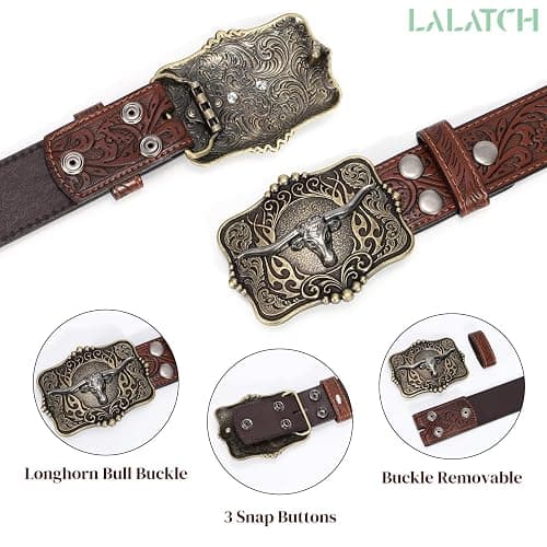 LALATCH Cowboy Cowgirl Belt Western Belts for Men Women Floral Engraved Longhorn Bull Buckle Belt for Jeans thumbnail 4