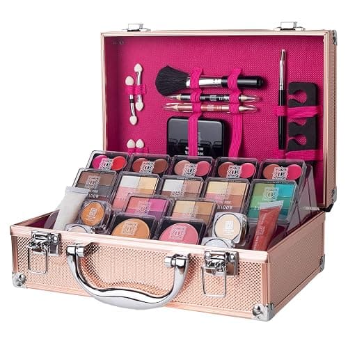 Dawn Till Dusk 80 Pieces Makeup Set with Travel Vanity Box by Envie, Includes Eyeshadow Palette, Lip Gloss, Lipsticks, Manicure Set, Makeup Brushes, Compact Mirror and Much More - (Rose Gold) - Image 1