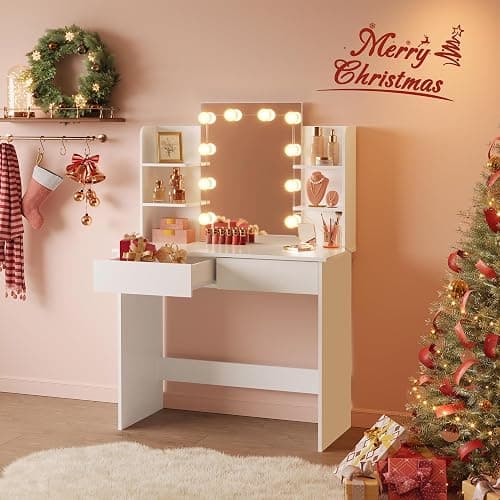 WOLTU Dressing Table, Vanity Desk, with Mirror and 10 Dimmable LED Bulbs, 2 Drawers and 4 Shelves, White Dressing Table, White, 90x40x135cm, MB6096ws thumbnail 3