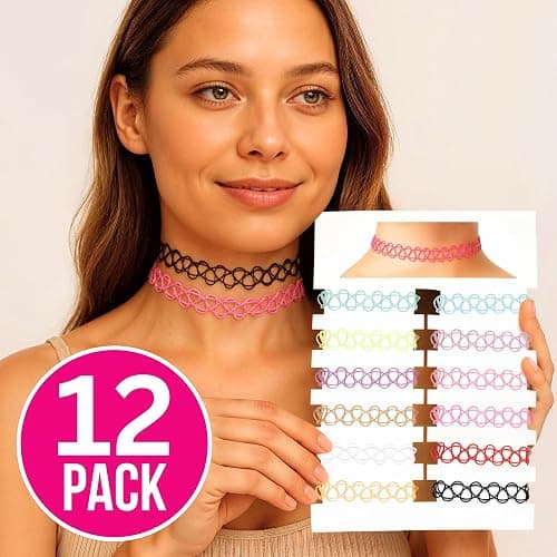 BodyJ4You 12PC Tattoo Choker Necklace - 90s Accessories 2000s Jewelry Y2K Fashion Vintage Trendy - Rainbow Goth Black Pink Green Blue White - Adjustable Stretchy Elastic Necklace Summer Vacation Set thumbnail 2