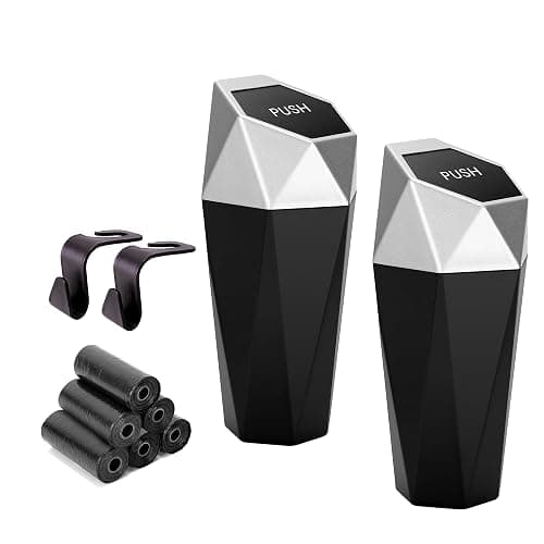 Ginsco Car Trash Can Cup Holder, 2 Pack Mini Car Trash Can with Lid, Car Accessories for Interior, Leakproof Small Trash Cup for Car, Home with Additional 2 ABS Hooks and 90pcs Trash Bags Silver - Image 1