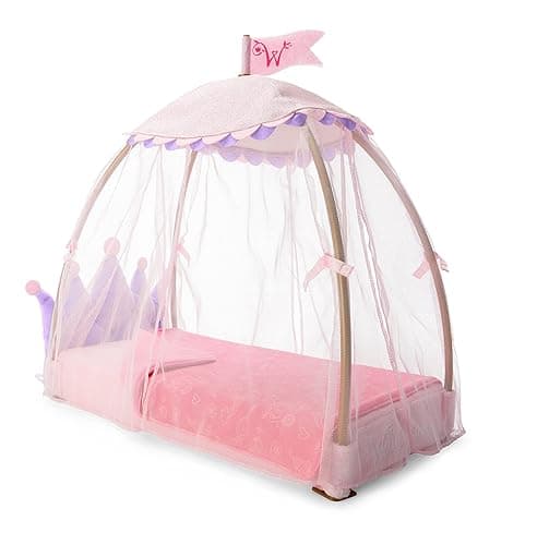 American Girl WellieWishers 14.5-inch Doll Royal Canopy Bed Playset with Mesh Drapes, Flag, and Blanket, For Ages 4+