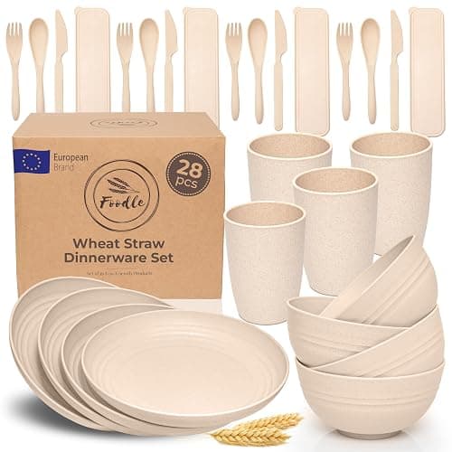 FOODLE Wheat Straw Dinnerware Set - BPA Free & Safety Tested - Unbreakable, Microwave & Dishwasher Safe Dishes - Picnic, RV, Dorm, Camping Plates Cups and Bowls - Great for Kids & Adults - For 4 - Image 1