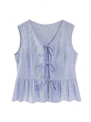 Avanova Women Tie Front Tank Tops Striped Peplum Blouse | Front Tie Tops, 100% Cotton, Pinstripe, Sleeveless, V Neck, Ruffle Hem, Summer Beach Vacation, Soft, Lightweight - Image 1