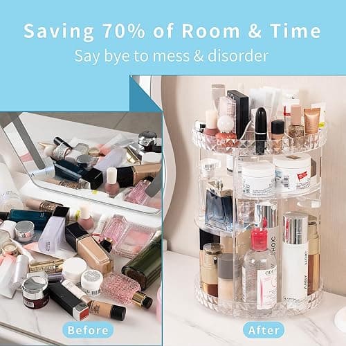 V-HANVER 360 Rotating Makeup Organizer Perfume Organizer Clear Cosmetic Storage Display Case Large Capacity Acrylic Beauty Holder Adjustable Partition Height for Bedroom Dresser or Bathroom Vanity - Clear thumbnail 2